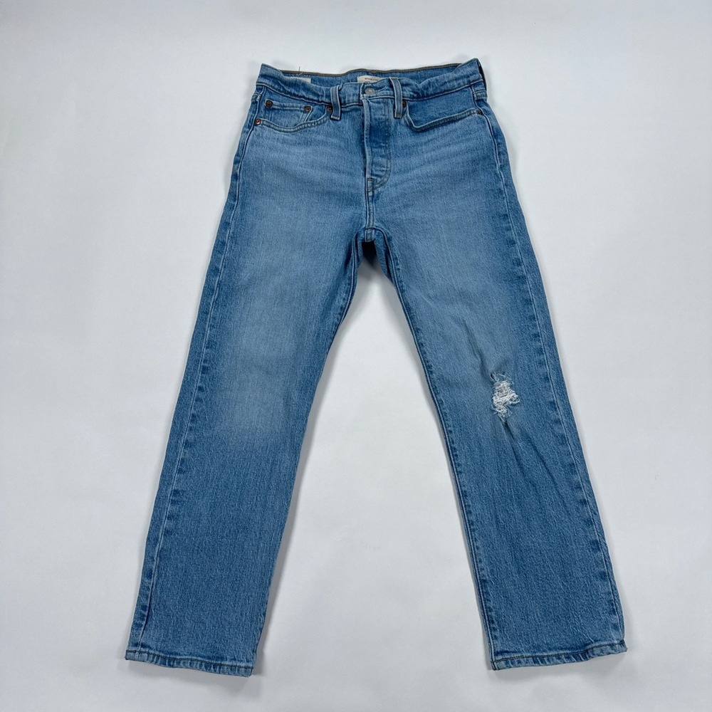 Levis Premium Womens Wedgie Straight Jeans 27 Blue Distressed Minimalist